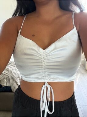 naked wardrobe White Satin Crop Top with Zipper